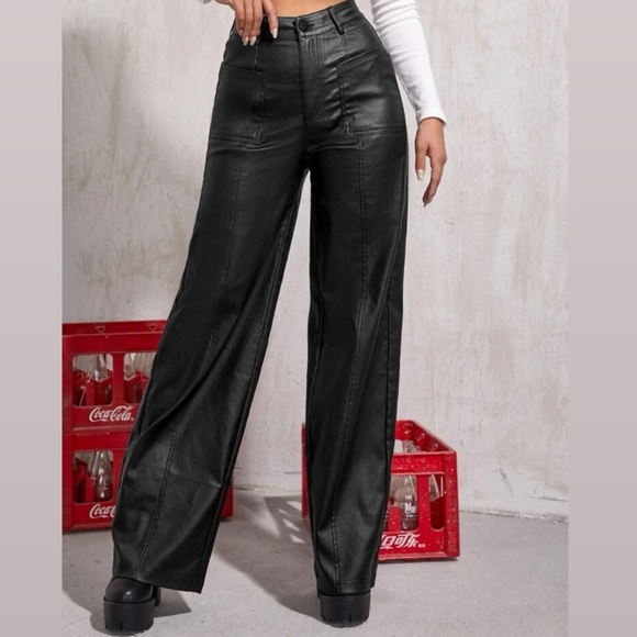 SHEIN leather look High-rise coated wide leg jeans - Picture 1 of 3